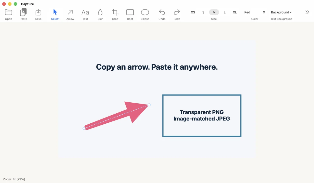 Capture for macOS with a selected arrow, centered text, and transparent PNG and image-matched JPEG sharing.
