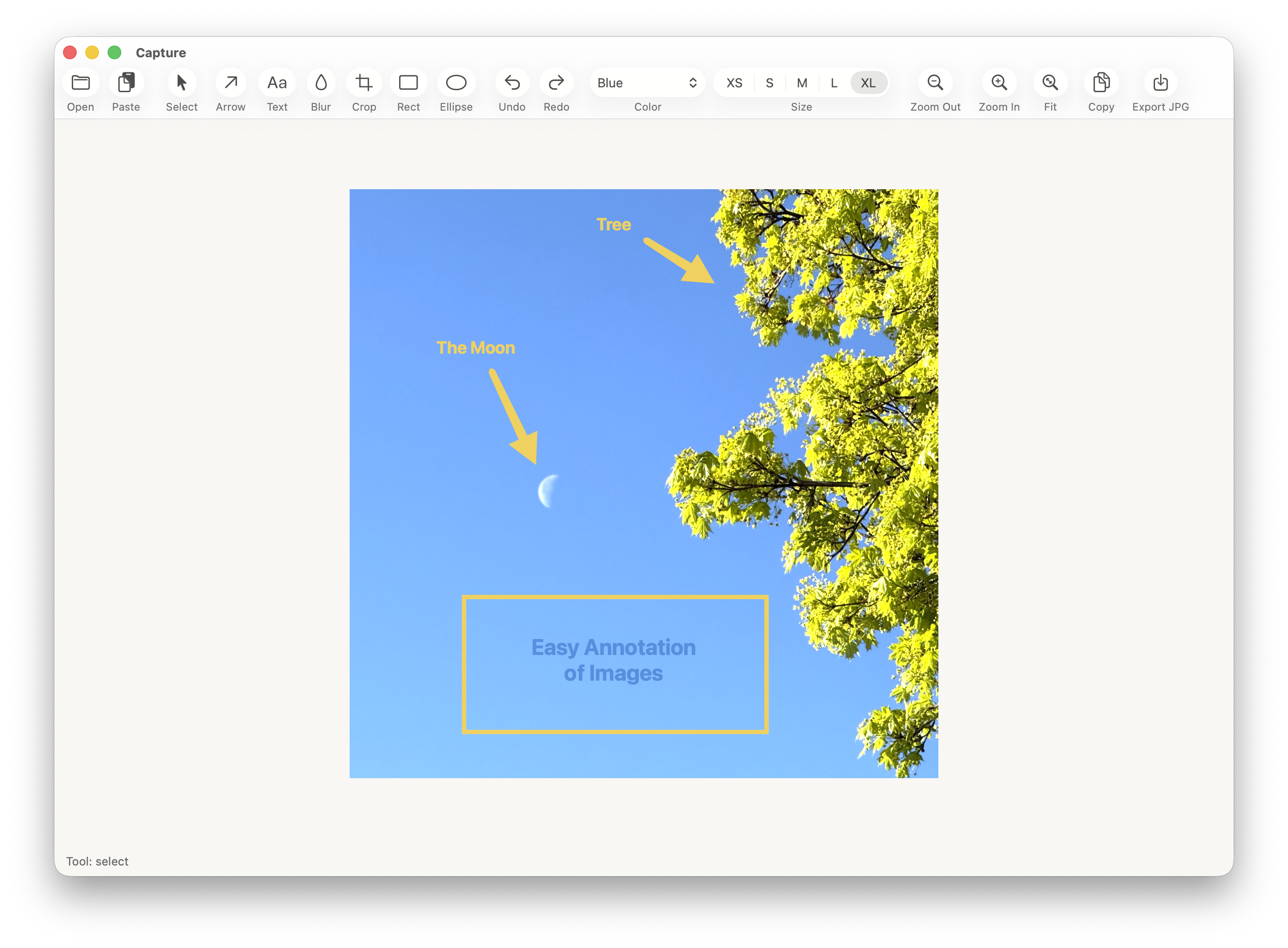 Capture app editing a photo with text, arrow, blur, and rectangle annotations