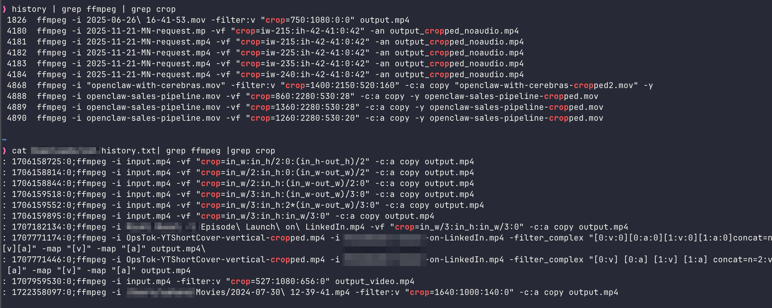 Terminal screenshot showing extensive FFmpeg command history with various crop parameters, demonstrating repeated manual cropping attempts over time