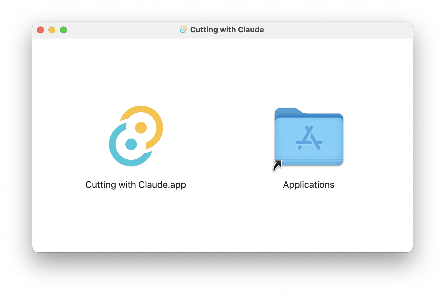 Mac installation dialog showing the Cutting with Claude app icon next to the Applications folder, ready to be dragged for installation