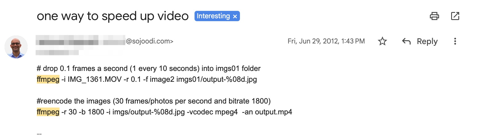 Email screenshot showing FFmpeg commands for extracting frames from video, dated June 29, 2012