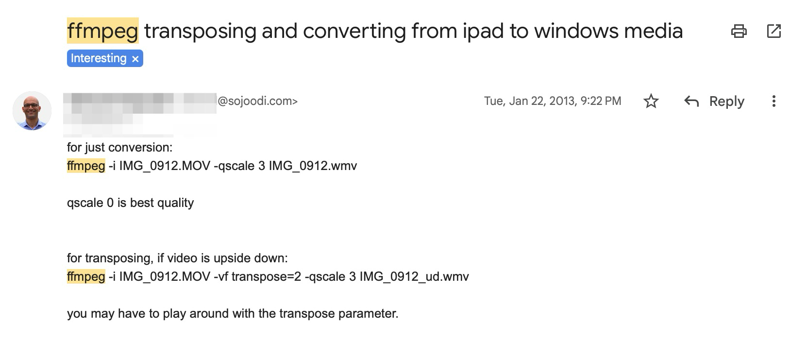 Email screenshot showing FFmpeg commands for transposing and converting video formats, dated January 22, 2013