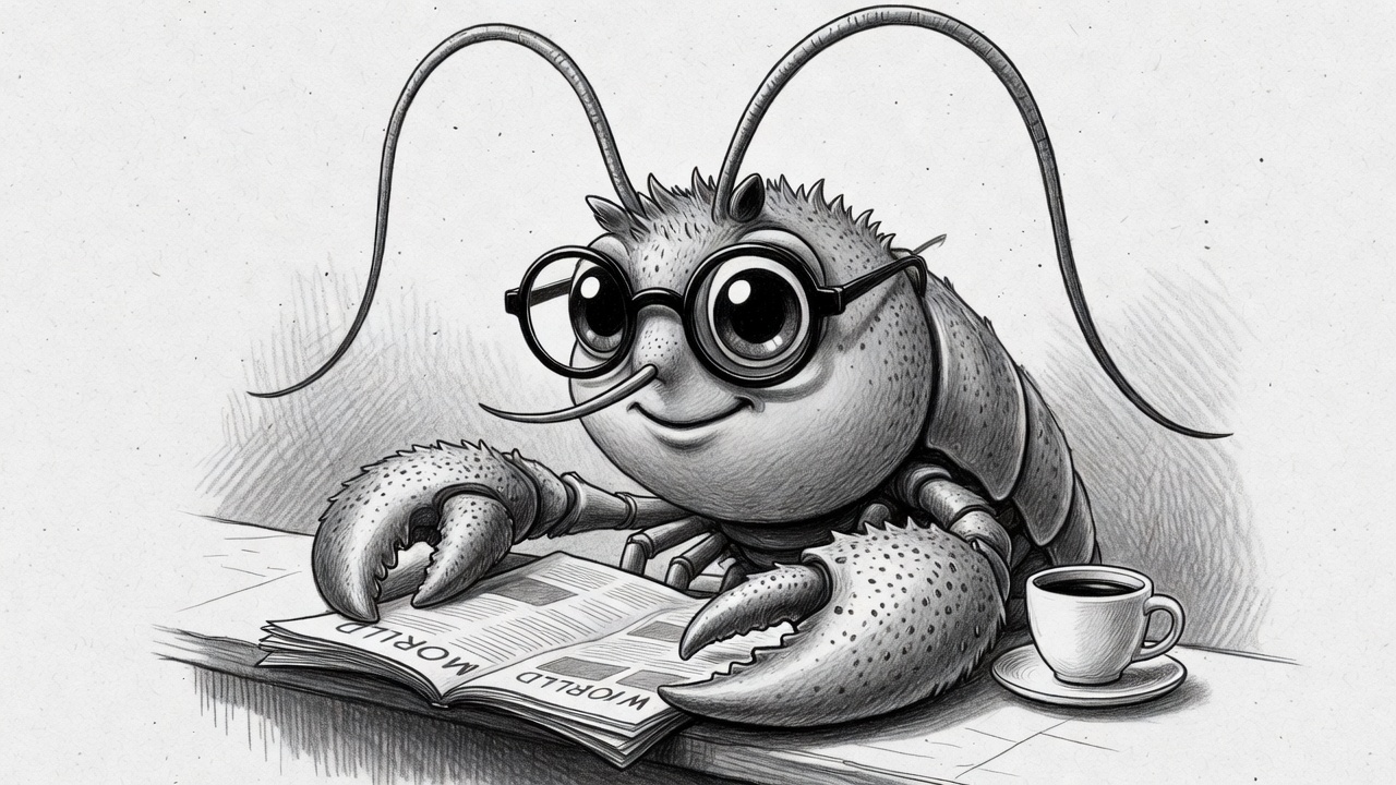 A whimsical illustration of a friendly lobster-like creature wearing glasses, reading a 'World Work' newspaper with a coffee cup nearby, representing the concept of AI productivity