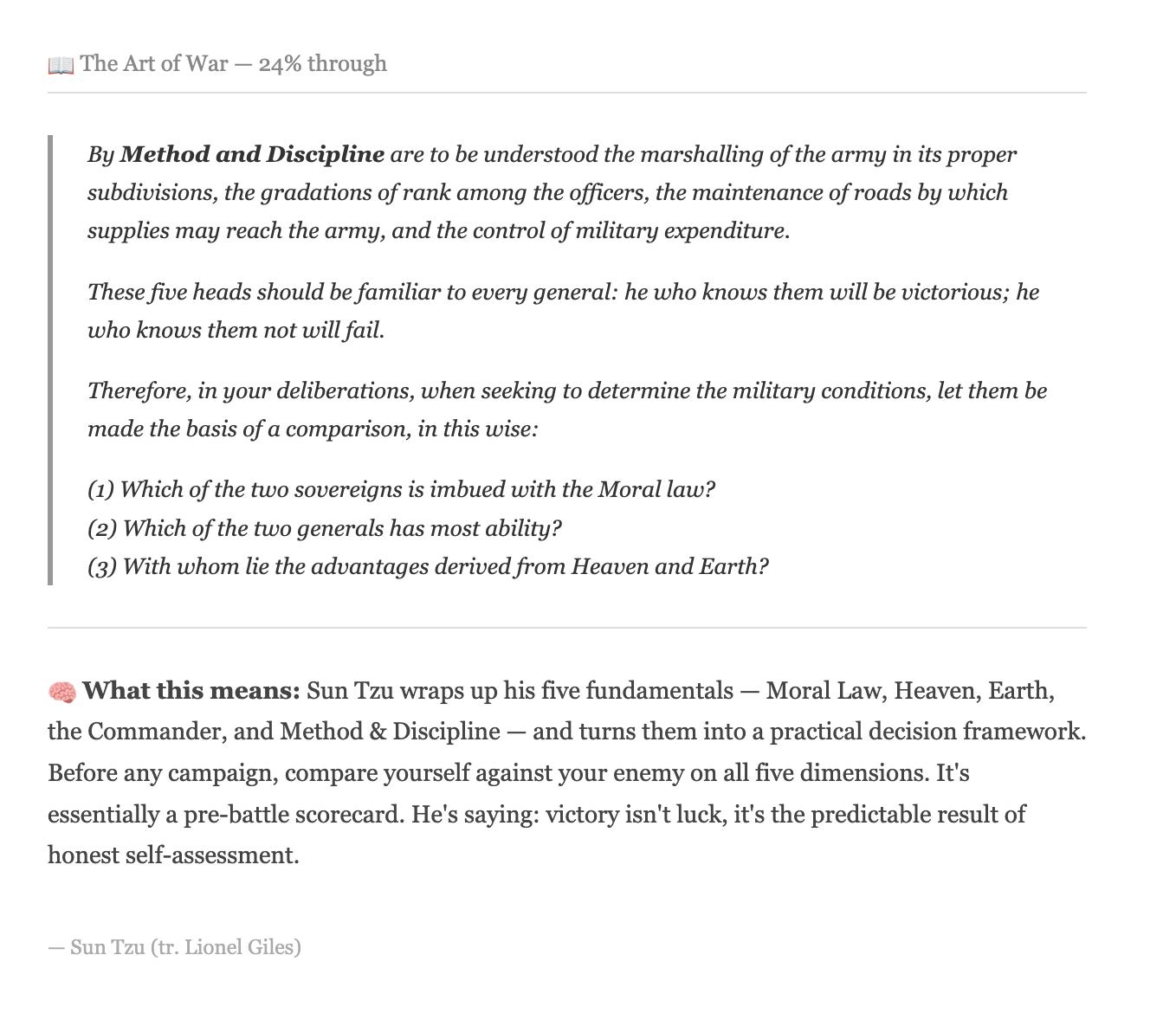 Screenshot showing The Art of War progress at 24% through, displaying a passage about Method and Discipline with Sun Tzu's original text quoted in italics and a modern interpretation explaining the five fundamentals as a decision framework