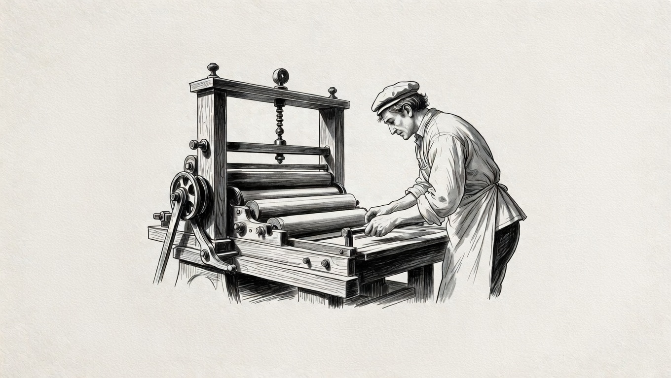 Black-and-white illustration of a person operating a vintage printing press, symbolizing reliable repeatable production.