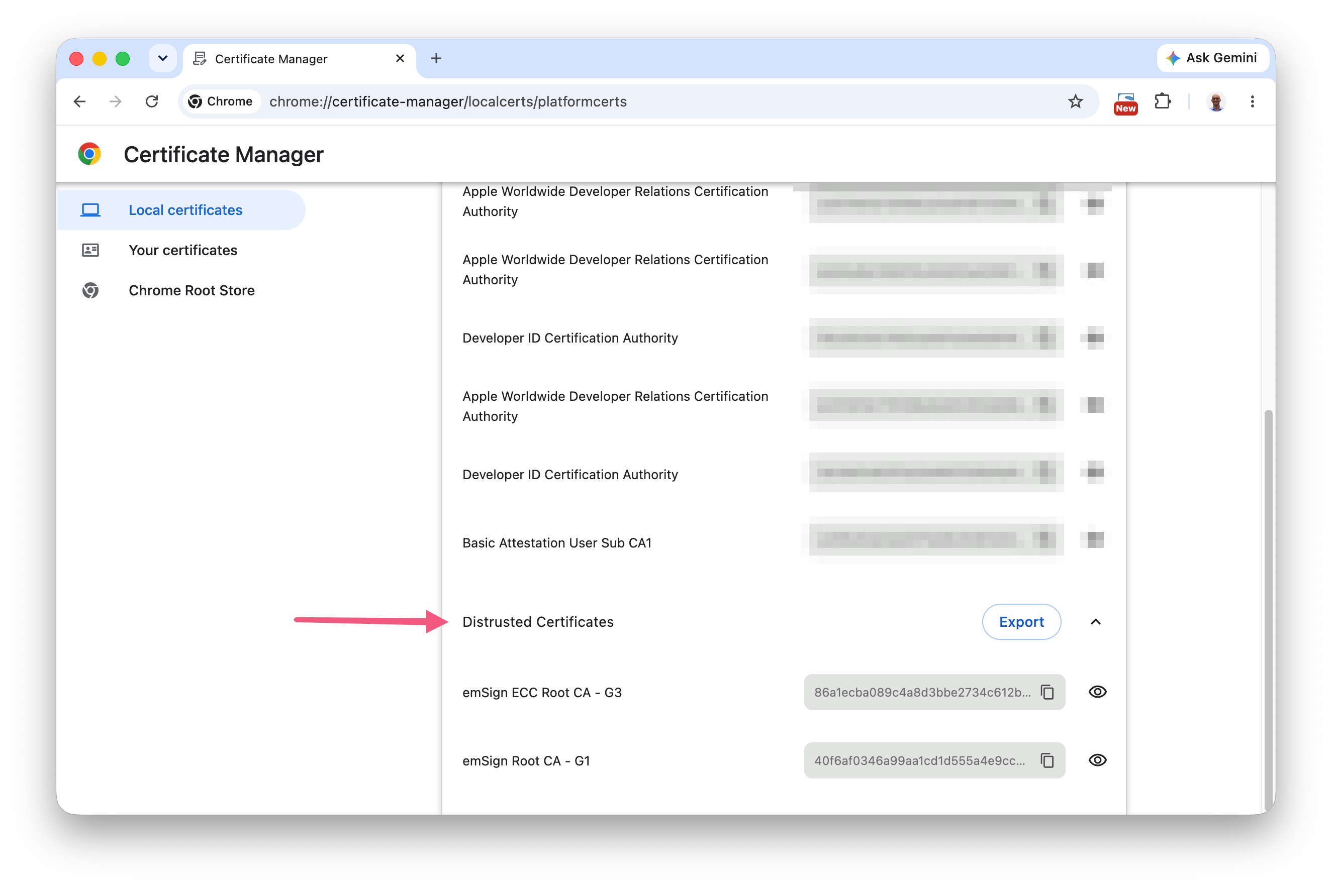 Chrome Certificate Manager showing emSign certificates in the Distrusted certificates section.