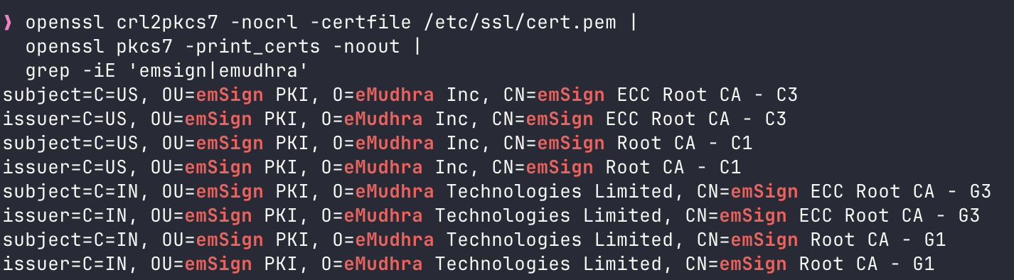 Terminal listing emSign and eMudhra certificates in the system CA bundle.