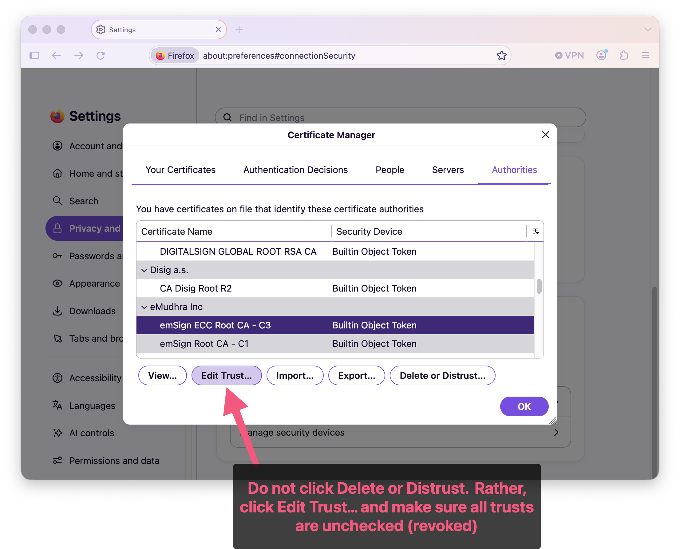 Firefox Certificate Manager with an annotation pointing to Edit Trust instead of Delete or Distrust.