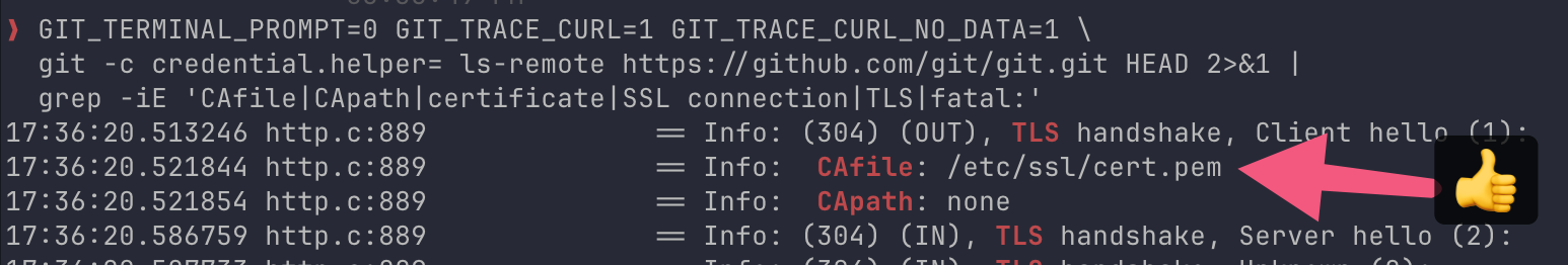 Git TLS trace showing the CA file at /etc/ssl/cert.pem.