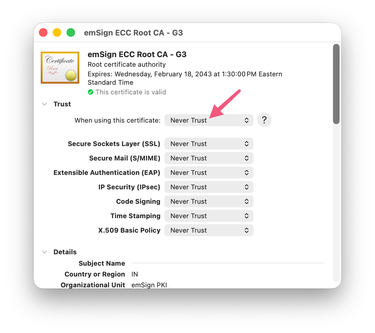 Keychain Access trust settings for emSign ECC Root CA G3 set to Never Trust.