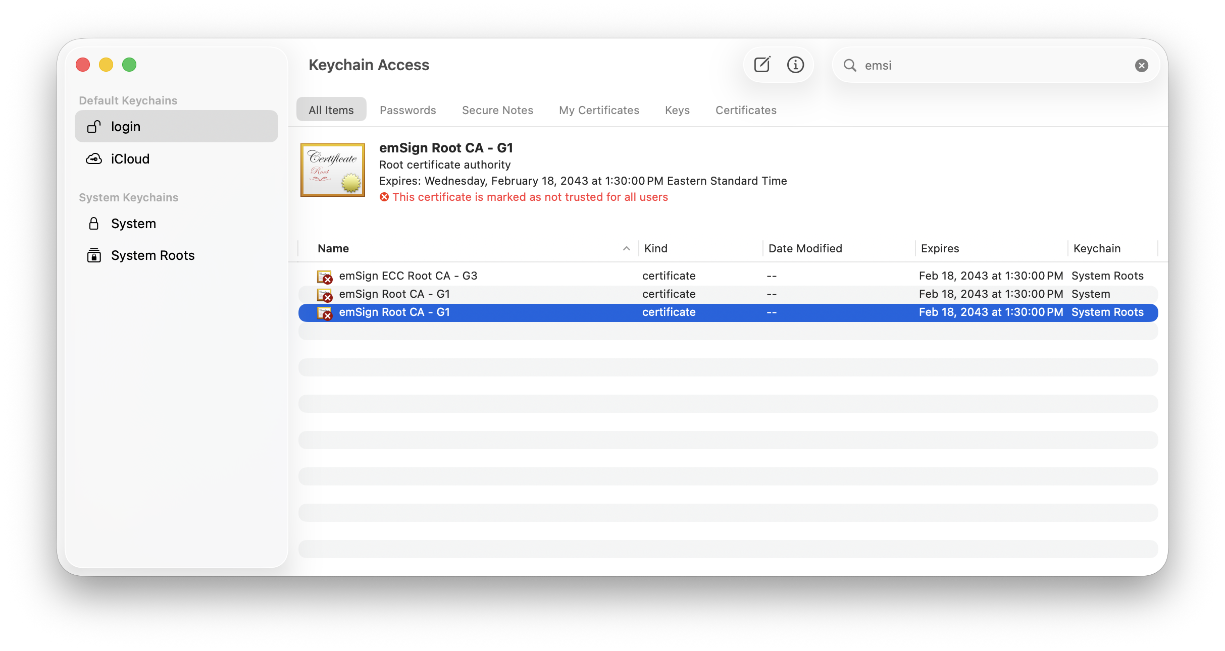 Keychain Access System certificates search results for emSign.