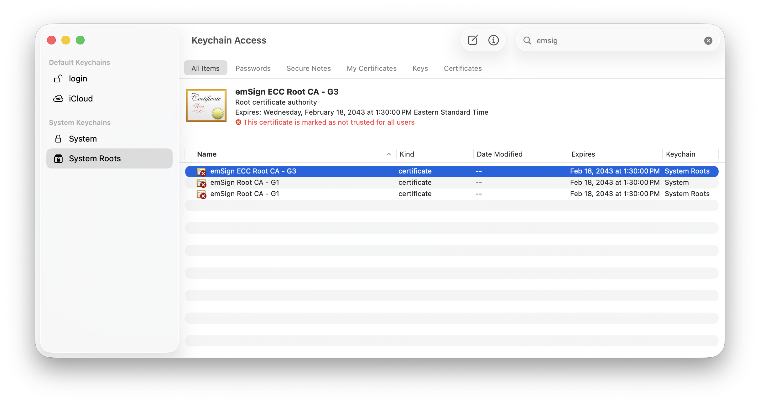 Keychain Access System Roots search results for emSign certificates.