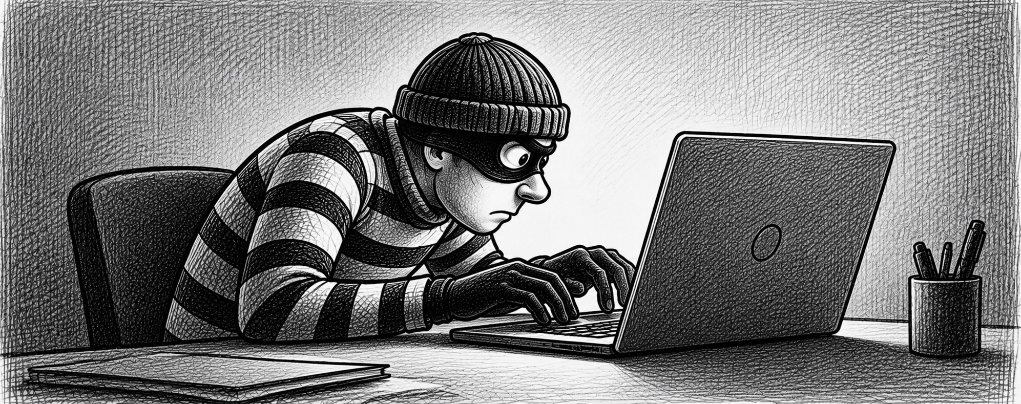 Black-and-white illustration of a lobster working at a desktop computer.