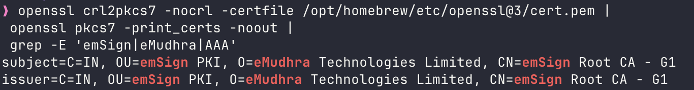Terminal listing emSign G1 roots in the Homebrew certificate bundle.